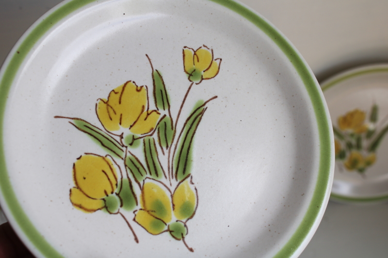 photo of 70s vintage Japan stoneware plates, Stonybrook spring flowers yellow crocus or tulips #3