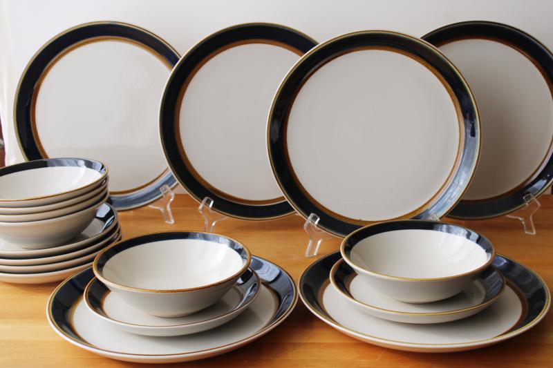 photo of 70s vintage Japan stoneware pottery dinnerware set, Mikasa St Lucia blue & brown #1