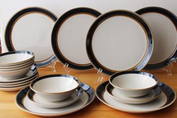 catalog photo of 70s vintage Japan stoneware pottery dinnerware set, Mikasa St Lucia blue & brown