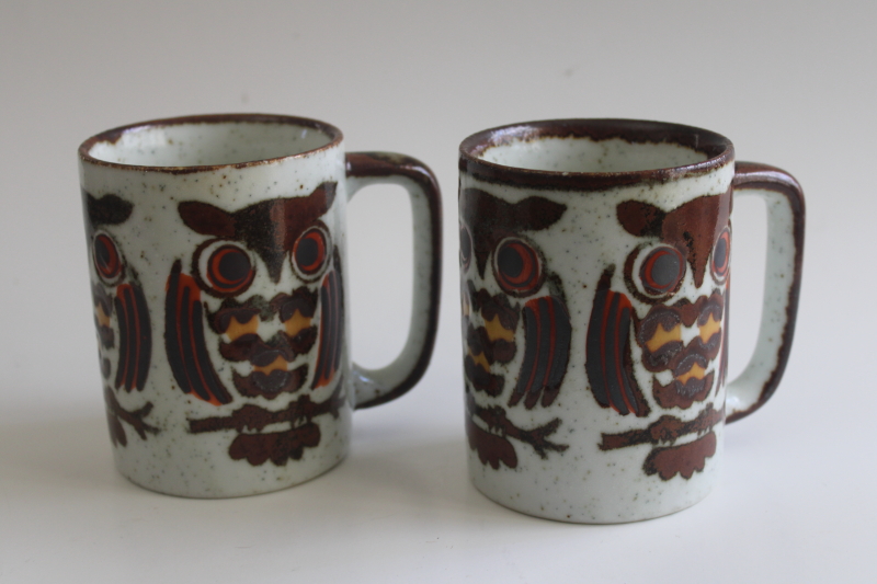 photo of 70s vintage Japan stoneware pottery mugs, brown owls coffee cups  #1