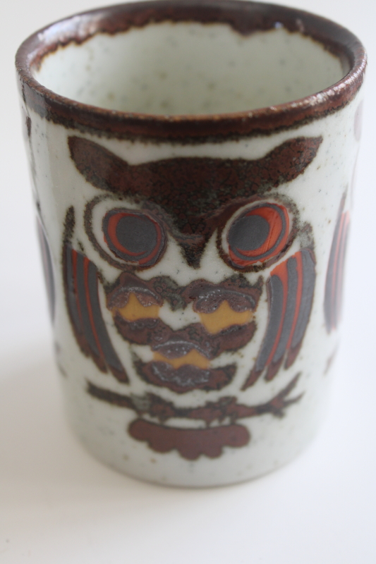 photo of 70s vintage Japan stoneware pottery mugs, brown owls coffee cups  #2