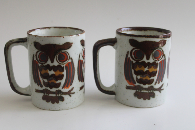 photo of 70s vintage Japan stoneware pottery mugs, brown owls coffee cups  #5