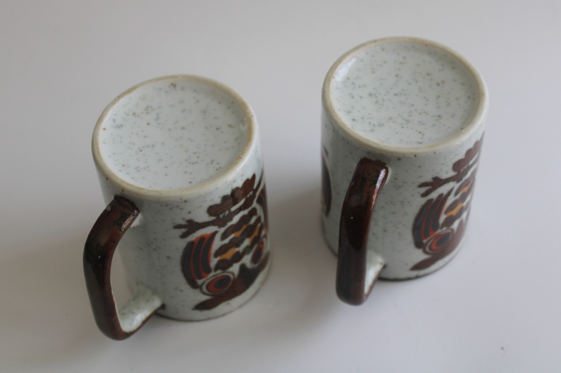 photo of 70s vintage Japan stoneware pottery mugs, brown owls coffee cups  #6