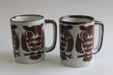 70s vintage Japan stoneware pottery mugs, brown owls coffee cups 