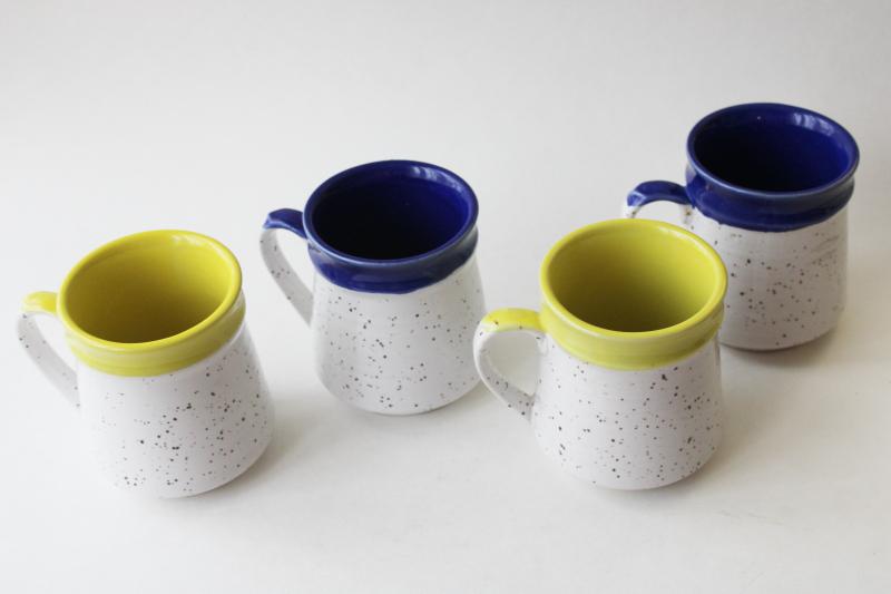 photo of 70s vintage Japan stoneware stackable mugs, retro speckled glaze blue & yellow #1