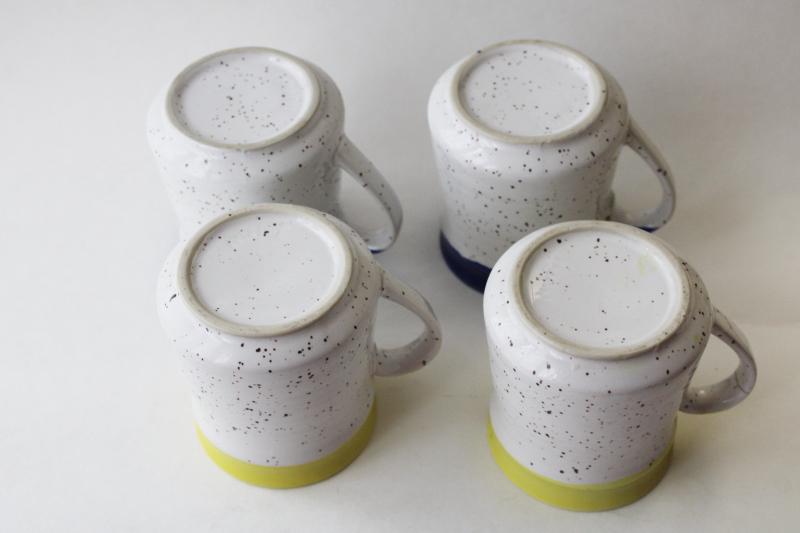 photo of 70s vintage Japan stoneware stackable mugs, retro speckled glaze blue & yellow #4