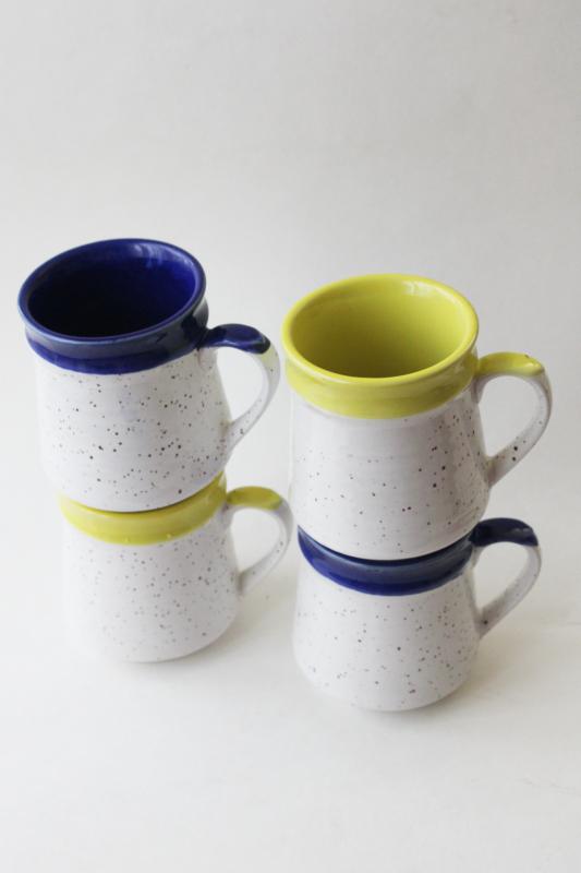 photo of 70s vintage Japan stoneware stackable mugs, retro speckled glaze blue & yellow #5