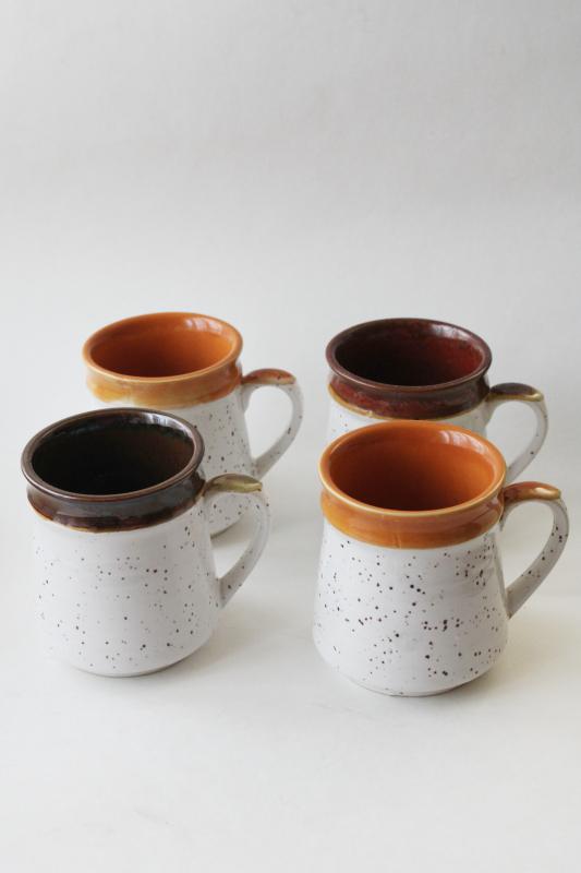 photo of 70s vintage Japan stoneware stackable mugs, retro speckled glaze orange & brown #1