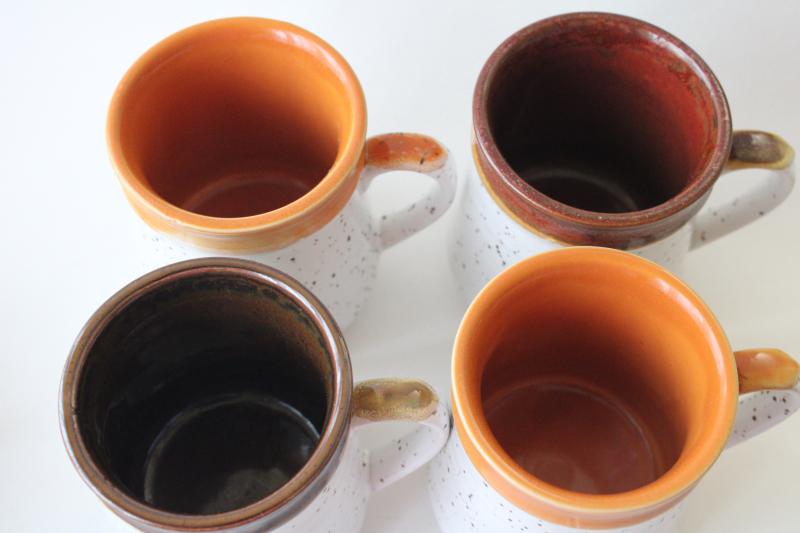 photo of 70s vintage Japan stoneware stackable mugs, retro speckled glaze orange & brown #2