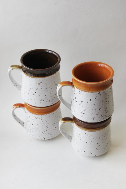 photo of 70s vintage Japan stoneware stackable mugs, retro speckled glaze orange & brown #3