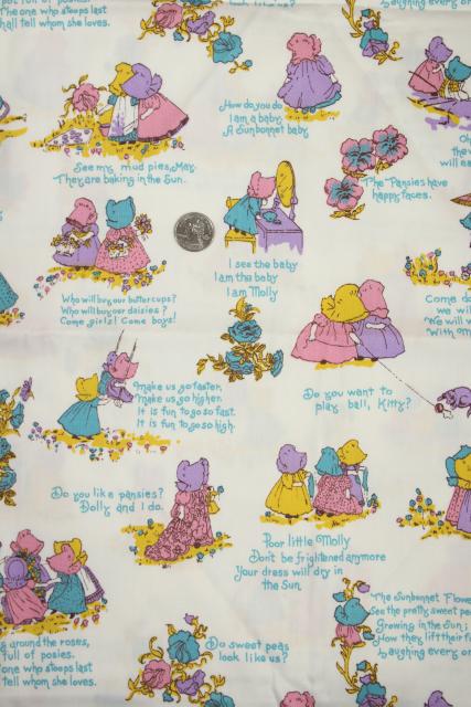 photo of 70s vintage Kate Greenaway old fashioned little girls print fabric, cotton duck material #1