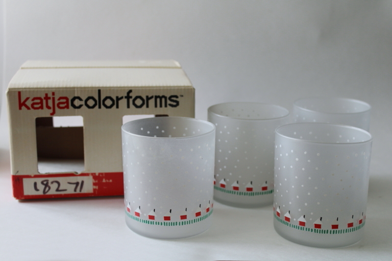 photo of 70s vintage Katja Colorforms mod holiday print frosted glass old fashioned tumblers, Towle new in box #1