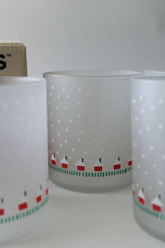photo of 70s vintage Katja Colorforms mod holiday print frosted glass old fashioned tumblers, Towle new in box  #2