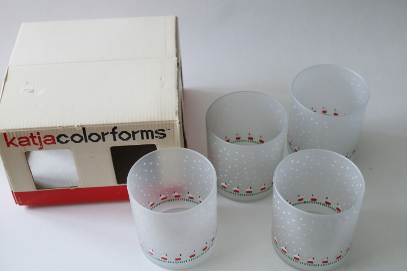 photo of 70s vintage Katja Colorforms mod holiday print frosted glass old fashioned tumblers, Towle new in box  #4