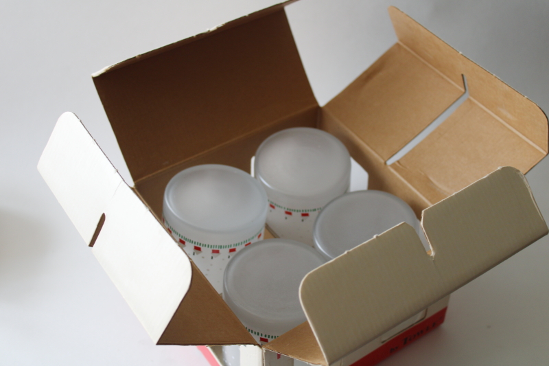 photo of 70s vintage Katja Colorforms mod holiday print frosted glass old fashioned tumblers, Towle new in box  #5