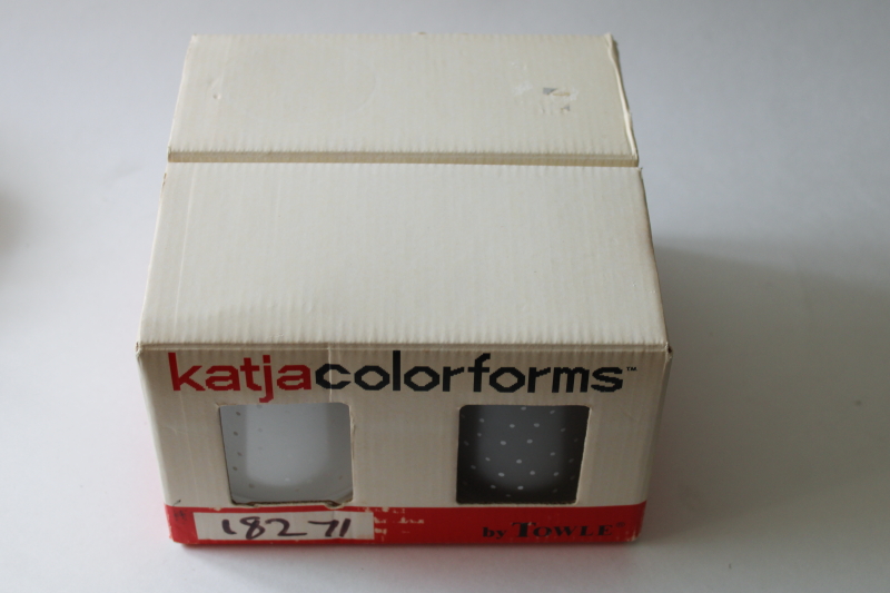 photo of 70s vintage Katja Colorforms mod holiday print frosted glass old fashioned tumblers, Towle new in box  #6