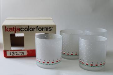 catalog photo of 70s vintage Katja Colorforms mod holiday print frosted glass old fashioned tumblers, Towle new in box 