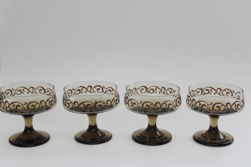 photo of 70s vintage Libbey Prado cocktail or champagne glasses, mod brown print tawny smoke glass #1