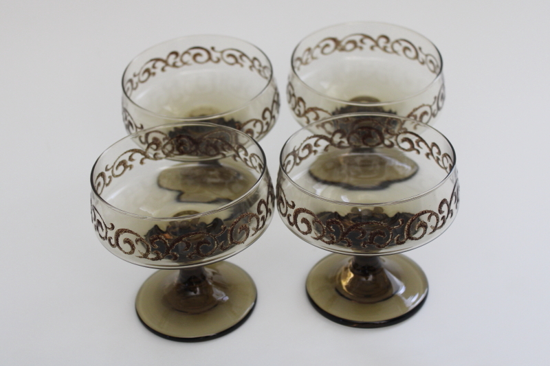 photo of 70s vintage Libbey Prado cocktail or champagne glasses, mod brown print tawny smoke glass #2