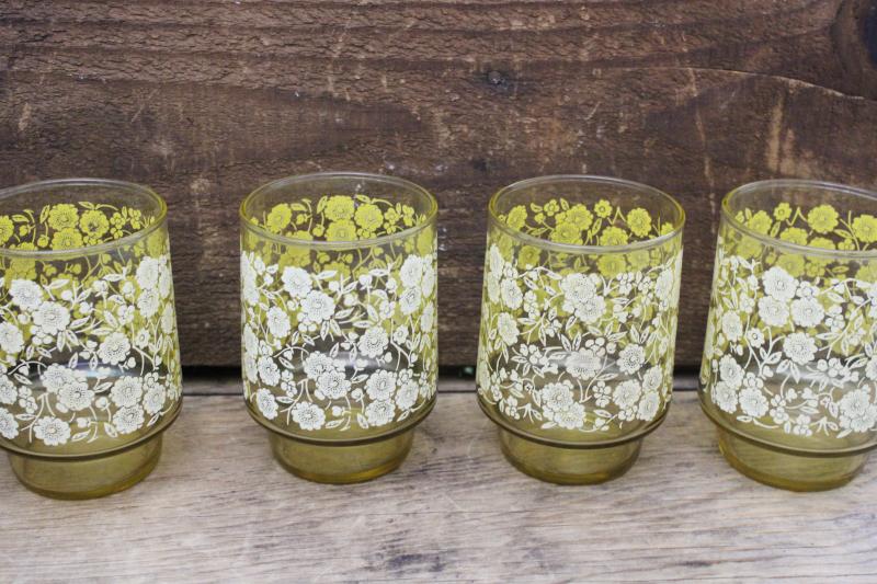 photo of 70s vintage Libbey accent modern amber glass lowball tumblers w/ white flowers #1