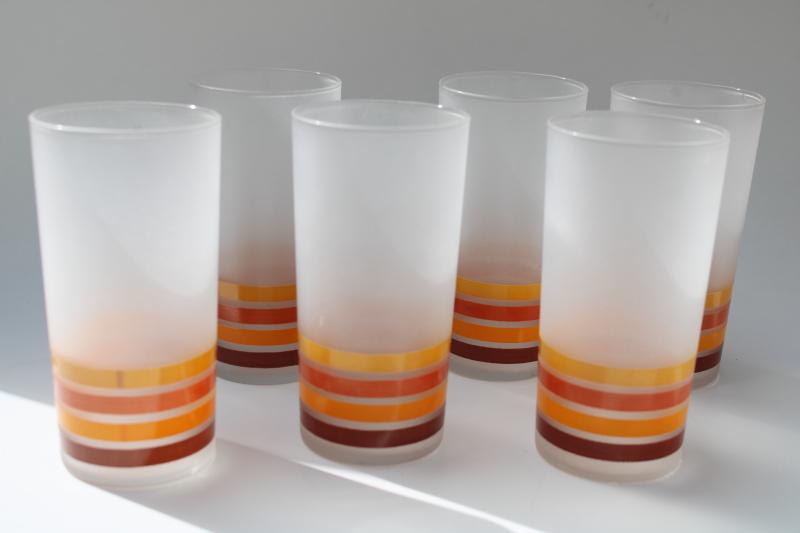 photo of 70s vintage Libbey drinking glasses, frosted glass w/ candy corn stripes #1