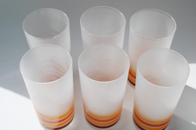 photo of 70s vintage Libbey drinking glasses, frosted glass w/ candy corn stripes #4