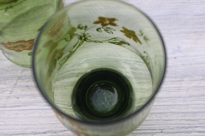 photo of 70s vintage Libbey drinking glasses, yellow flowers on green glass tumblers #3