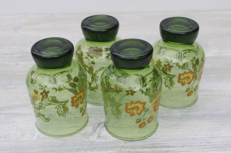 photo of 70s vintage Libbey drinking glasses, yellow flowers on green glass tumblers #4