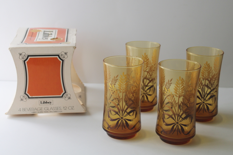 photo of 70s vintage Libbey glasses in box, Bounty harvest wheat print glass tumblers set  #1