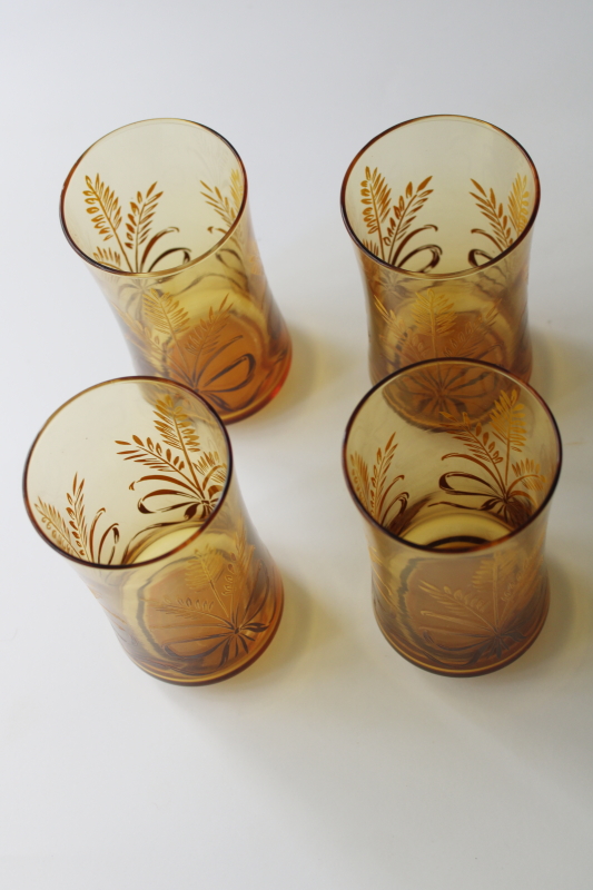 photo of 70s vintage Libbey glasses in box, Bounty wheat print amber glass tumblers set  #2