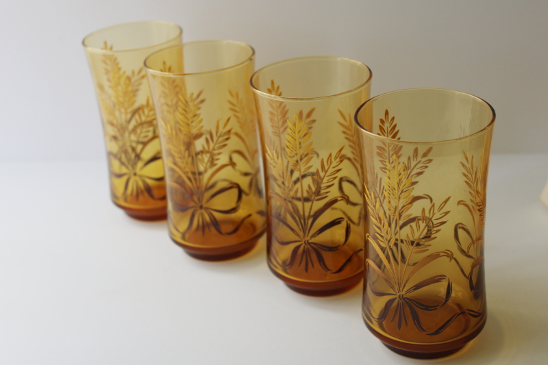 photo of 70s vintage Libbey glasses in box, Bounty wheat print amber glass tumblers set  #3