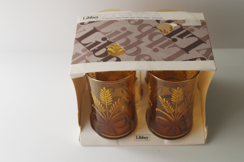 photo of 70s vintage Libbey glasses in box, Bounty wheat print amber glass tumblers set  #9