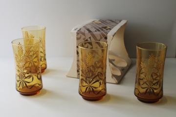 70s vintage Libbey glasses in box, Bounty wheat print amber glass tumblers set 