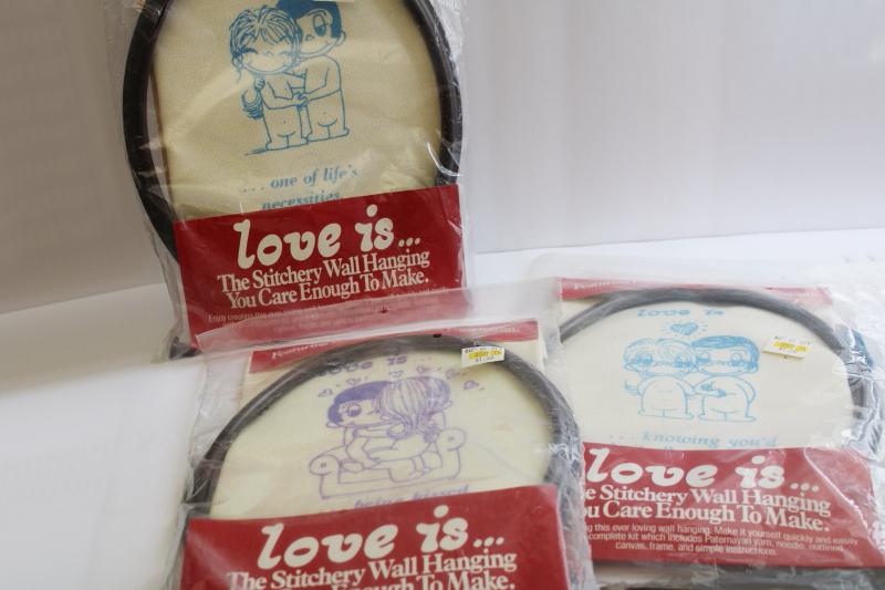 photo of 70s vintage Love Is framed embroidery kits w/ yarn and printed canvas, retro Kim Casali art #1