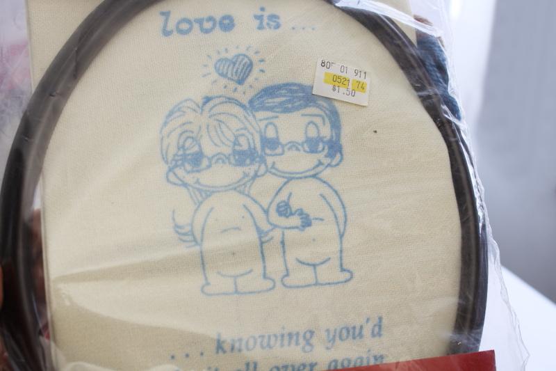 photo of 70s vintage Love Is framed embroidery kits w/ yarn and printed canvas, retro Kim Casali art #5