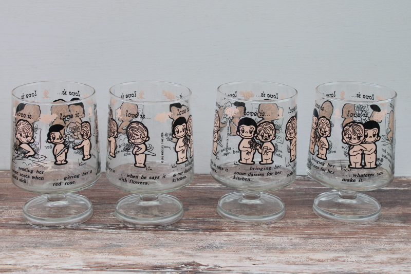 photo of 70s vintage Love Is print drinking glasses set, Kim Casali art LA Times 1976 #1