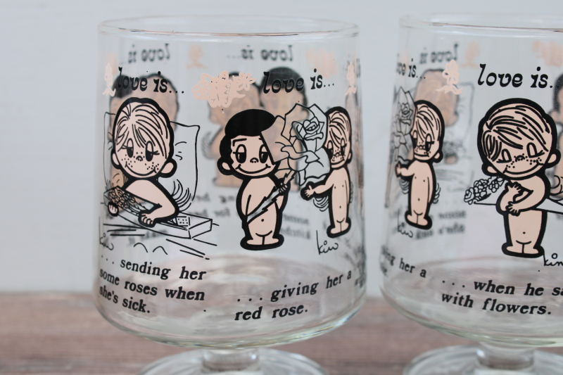 photo of 70s vintage Love Is print drinking glasses set, Kim Casali art LA Times 1976 #2