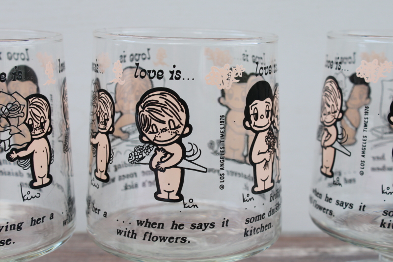 photo of 70s vintage Love Is print drinking glasses set, Kim Casali art LA Times 1976 #3