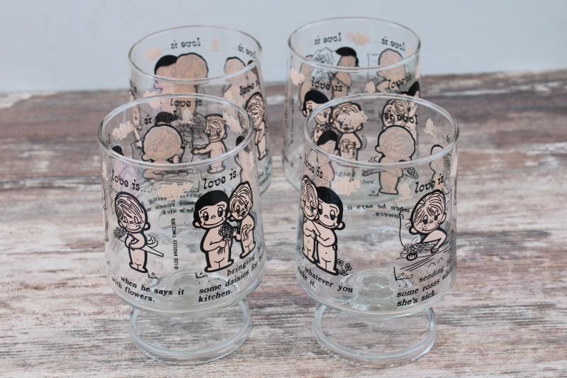 photo of 70s vintage Love Is print drinking glasses set, Kim Casali art LA Times 1976 #7