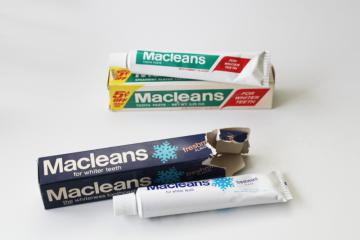 catalog photo of 70s vintage Macleans toothpaste metal tubes in original boxes Beecham advertising