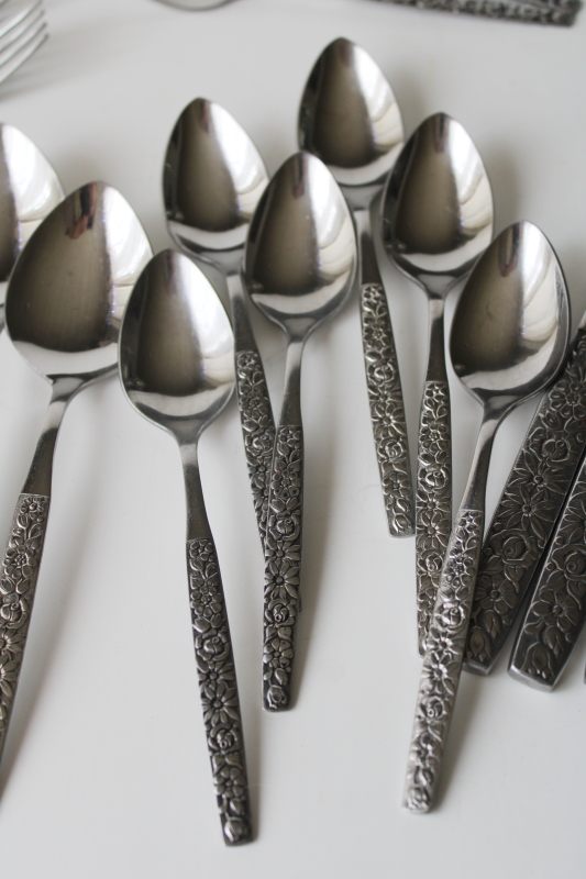 photo of 70s vintage Malibu all over floral pattern stainless flatware Wm A Rogers Deluxe Oneida set for 6  #5