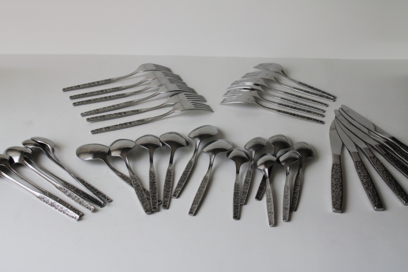 photo of 70s vintage Malibu all over floral pattern stainless flatware Wm A Rogers Deluxe Oneida set for 6  #10