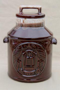 catalog photo of 70s vintage McCoy brown drip glaze pottery cookie jar w/ Liberty Bell