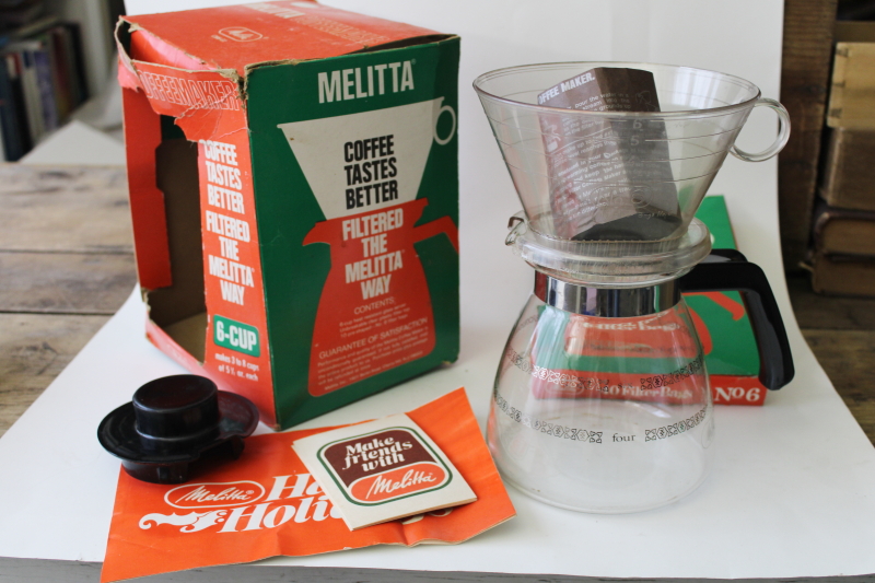 photo of 70s vintage Melitta Number 6 coffee maker pour over drip type filter basket set original box #1