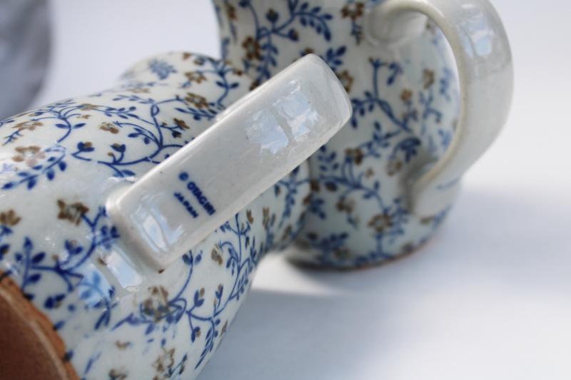 photo of 70s vintage Otagiri Japan stoneware coffee mugs, blue brown floral calico chintz #4