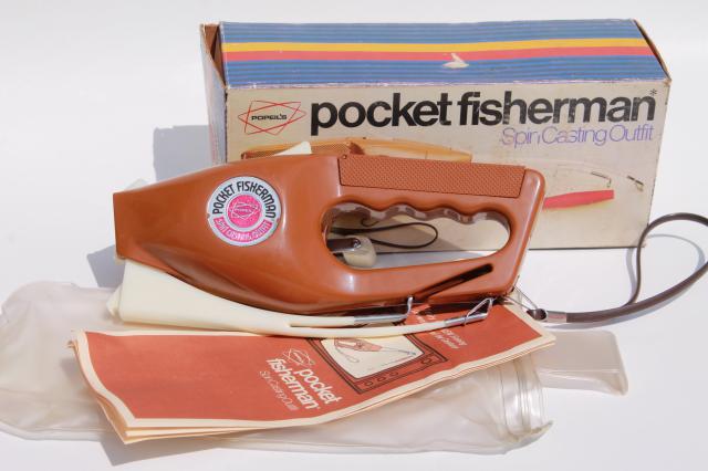 photo of 70s vintage Popeil Pocket Fisherman spin casting fishing rod set, portable travel fish pole #1
