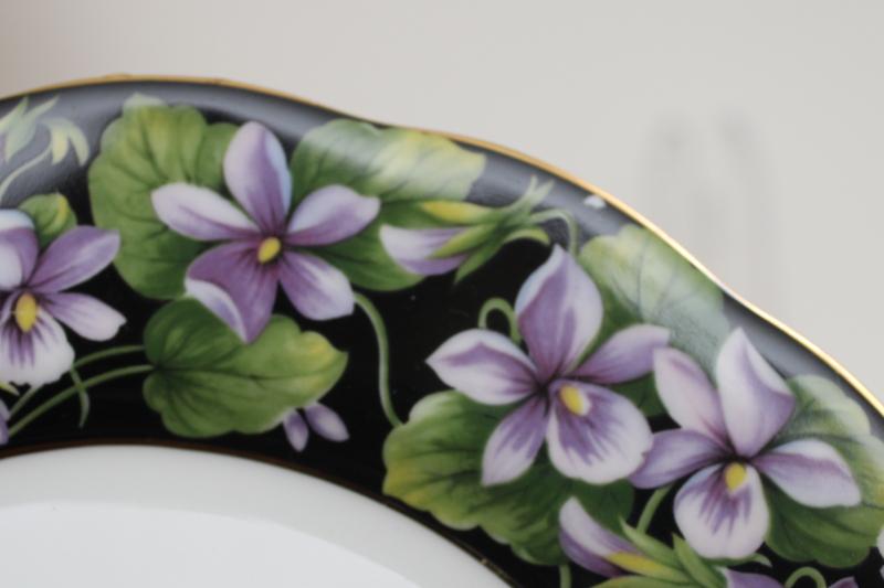 photo of 70s vintage Royal Albert china plate, Provincial flowers violets on black border #3