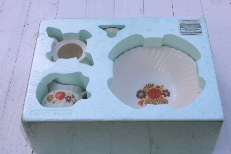 photo of 70s vintage Scio ironstone china serving pieces set in box, Tempo mod flowers orange & brown  #1