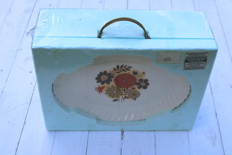 photo of 70s vintage Scio ironstone china serving pieces set in box, Tempo mod flowers orange & brown #4