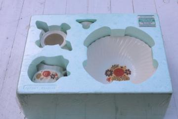 catalog photo of 70s vintage Scio ironstone china serving pieces set in box, Tempo mod flowers orange & brown 